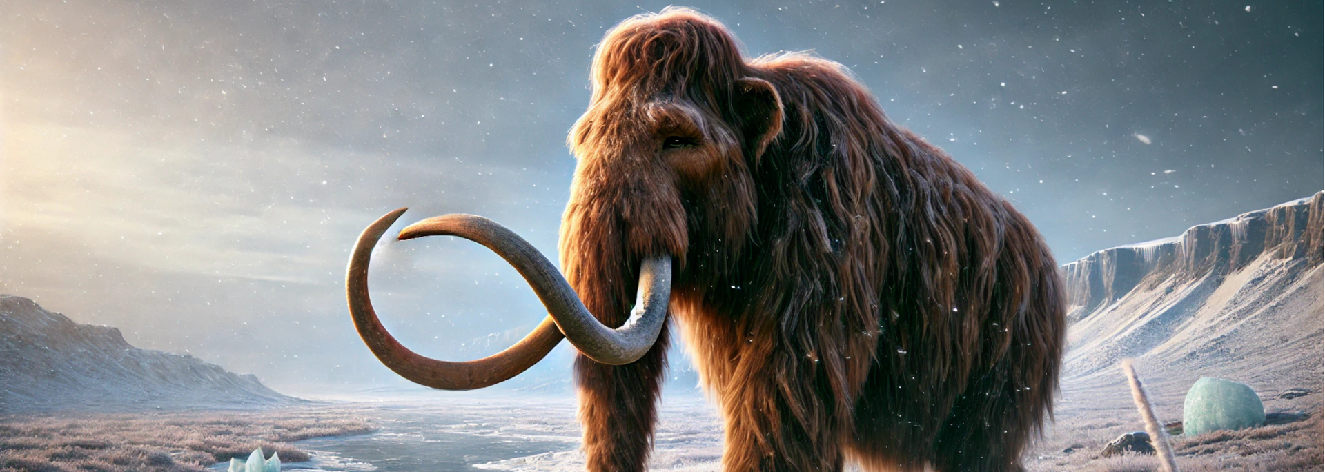 Woolly mammoth standing in a snowy, icy landscape. It has large curved tusks.