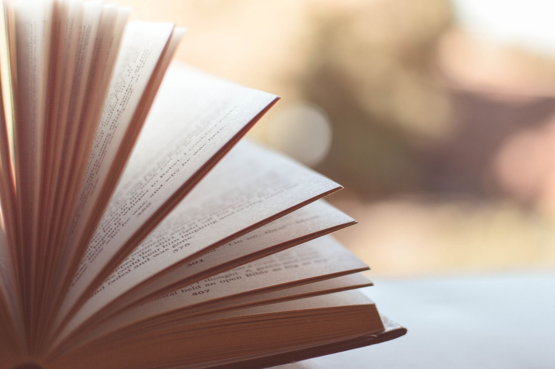 Open book with pages fanned out, blurred background of natural light.
