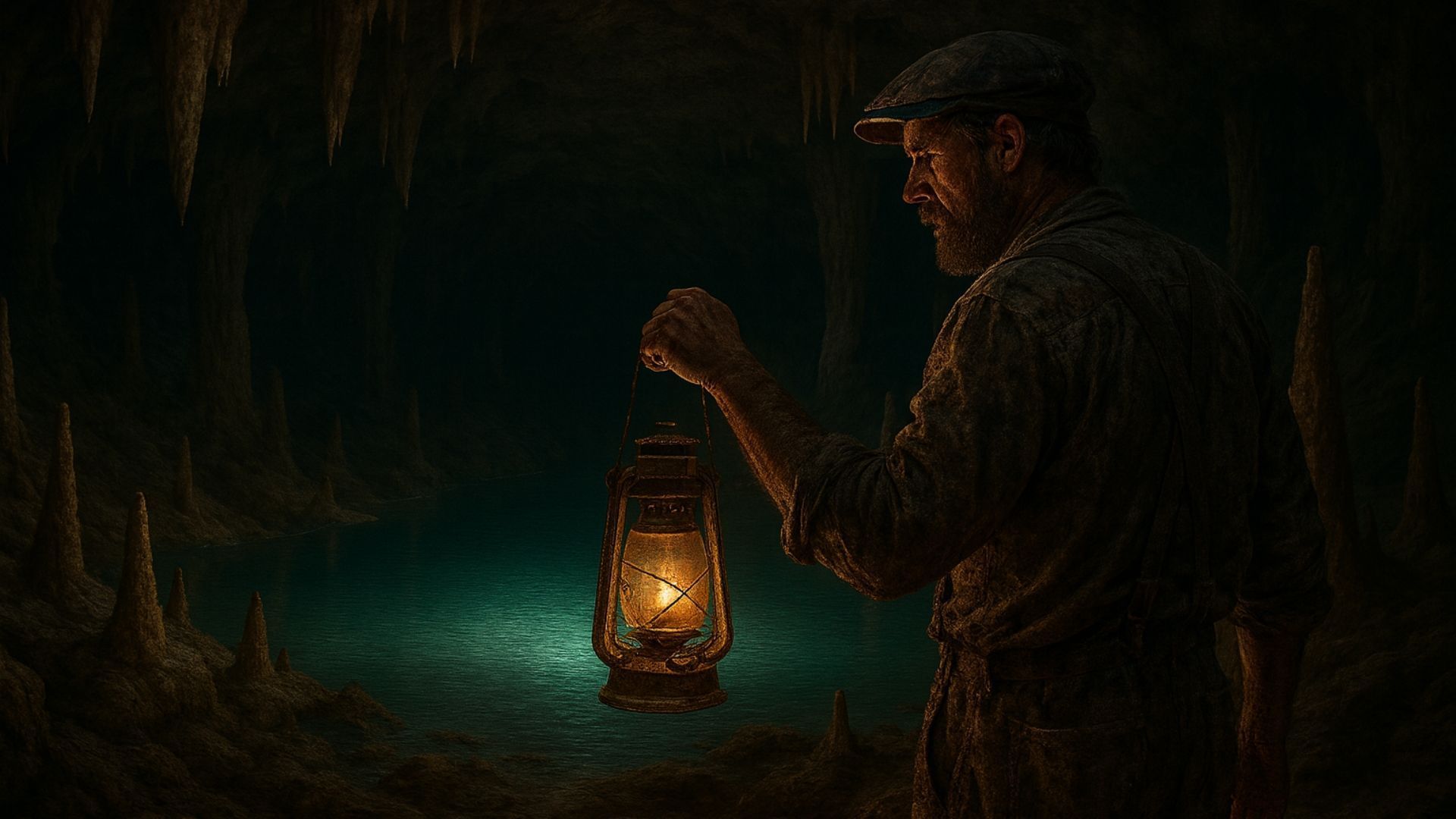 Man in cap explores cave, illuminated by lantern. Dim environment with stalactites, green glow.