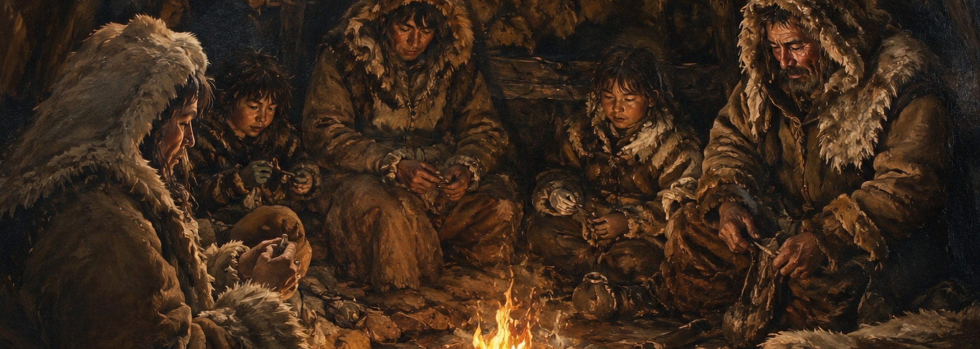 Picture of ice age era people sat around a fire. 