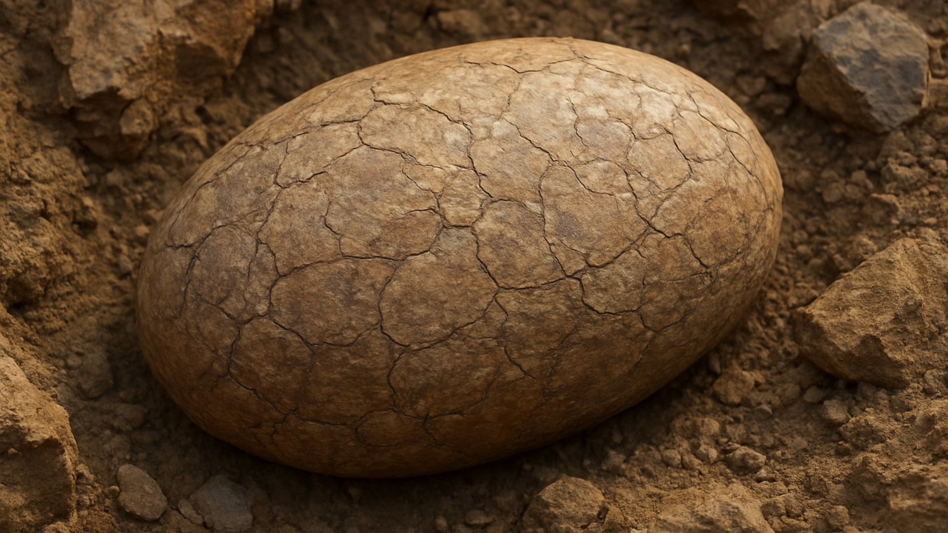 Fossilized, cracked brown egg in dirt and rocks.