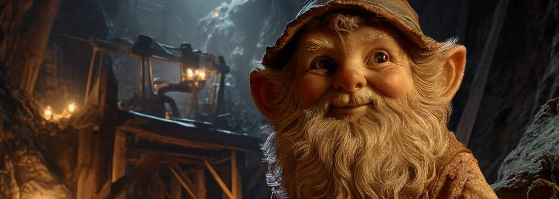 A smiling dwarf in a hat and beard, in a mine setting with lanterns.