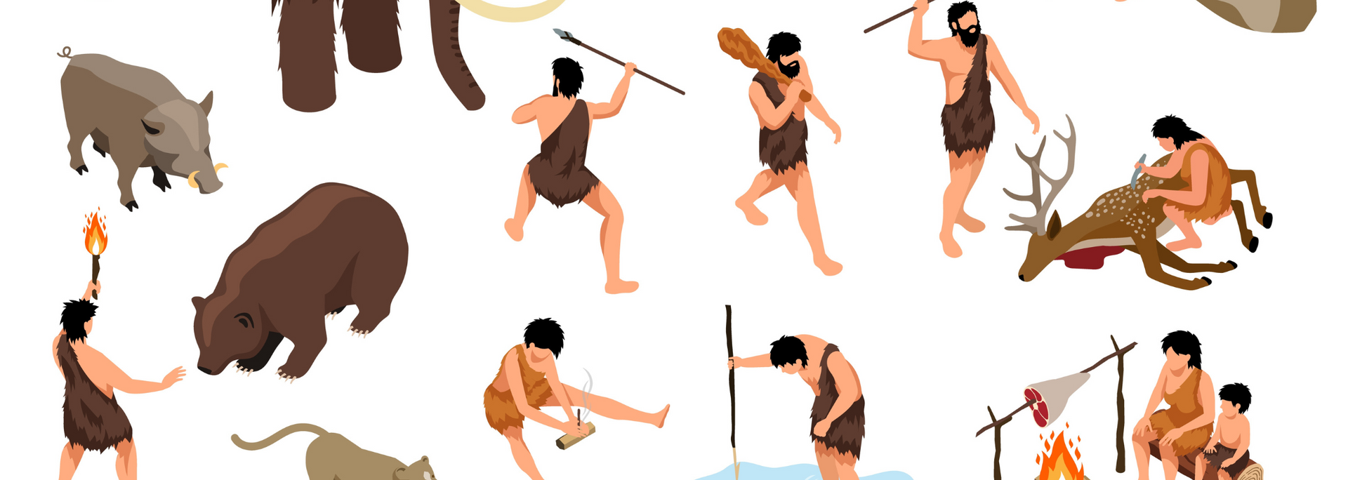 Cavemen hunting, interacting with animals, and cooking by a fire.