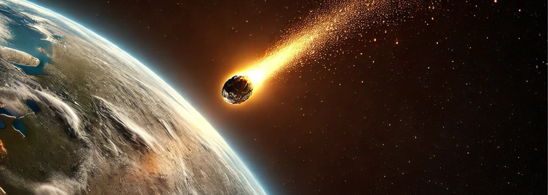 A fiery asteroid hurtles toward Earth, seen from space, with orange and brown tones.