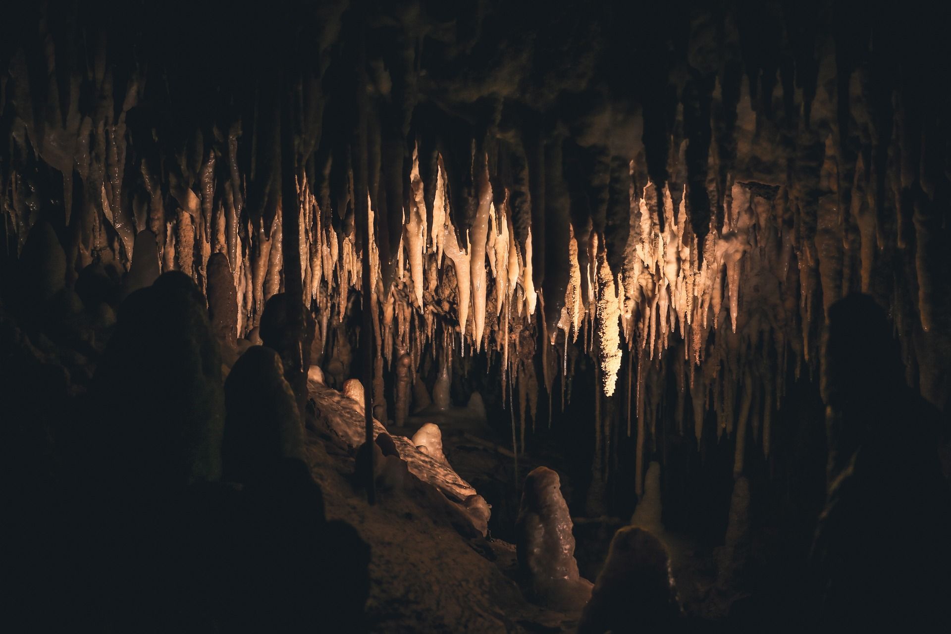 Cave interior with illuminated stalactites and shadowed formations.