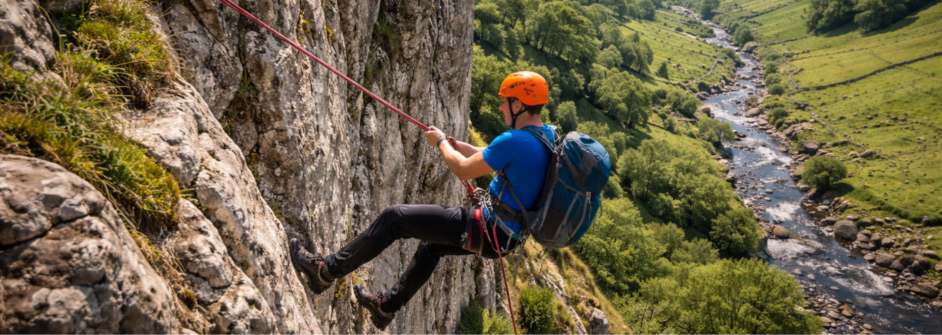 Rock climber rappelling down a cliff face, with a river and green valley in the background.