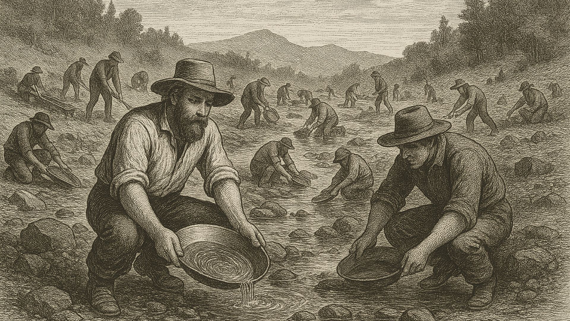 Gold prospectors panning for gold in a field with a mountain in the background.
