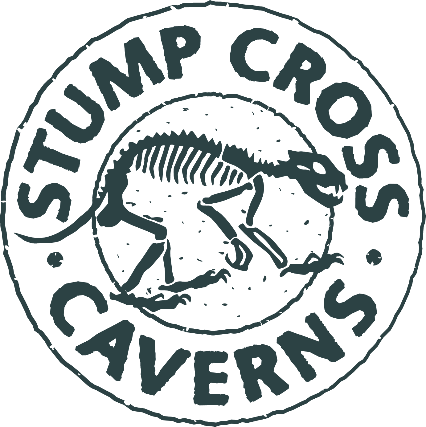Stump Cross Caverns logo: a mammal skeleton in a circle, with 