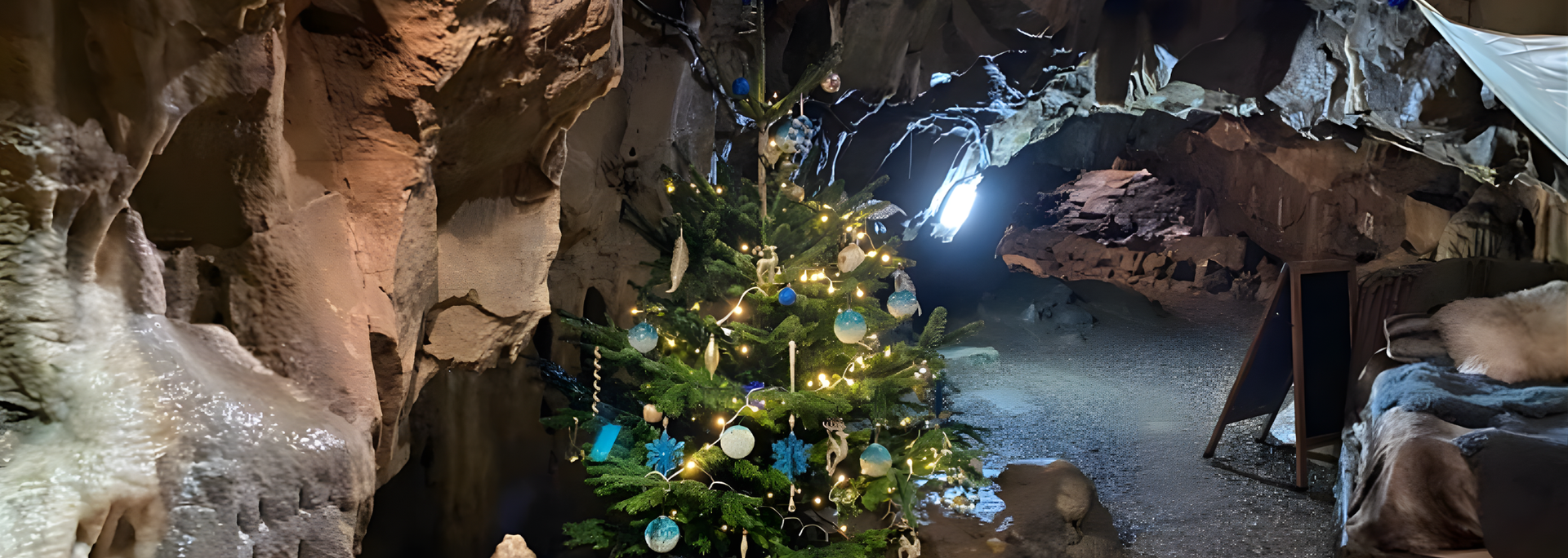 Christmas tree with lights and ornaments inside a cave.