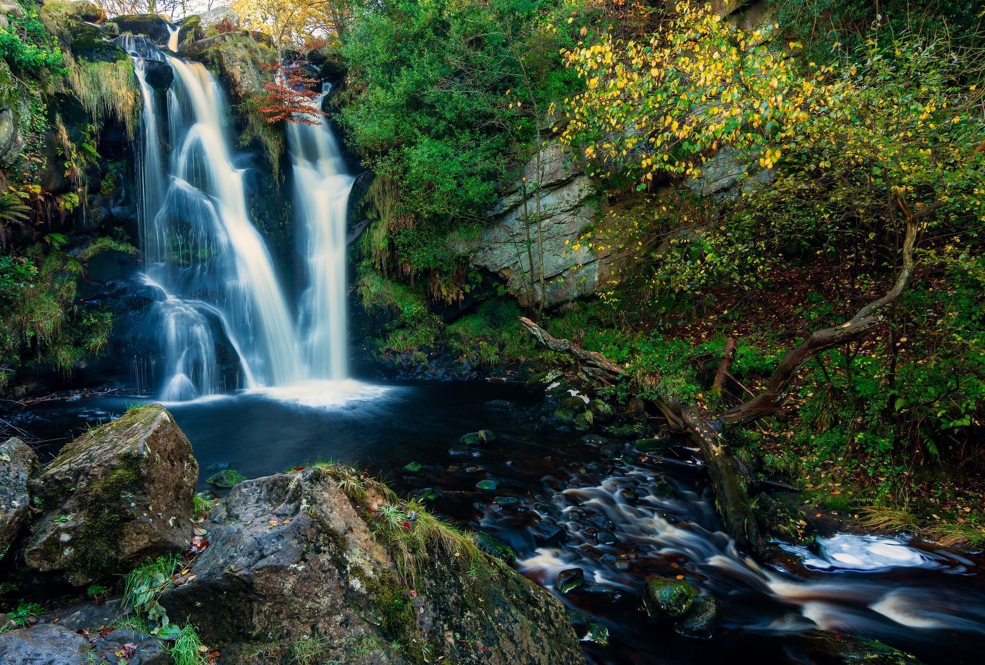 Waterfall cascading into a dark pool, surrounded by mossy rocks and lush greenery.
