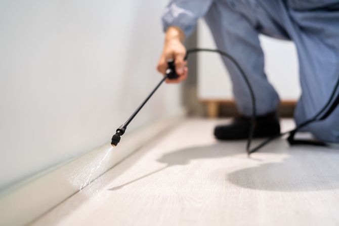 Person in protective suit sprays insecticide along a floor baseboard.