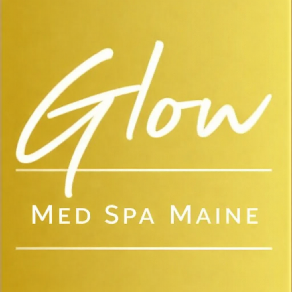 Glow Med Maine logo on gold background; white script "Glow" above "MED MAINE" in sans-serif font.
