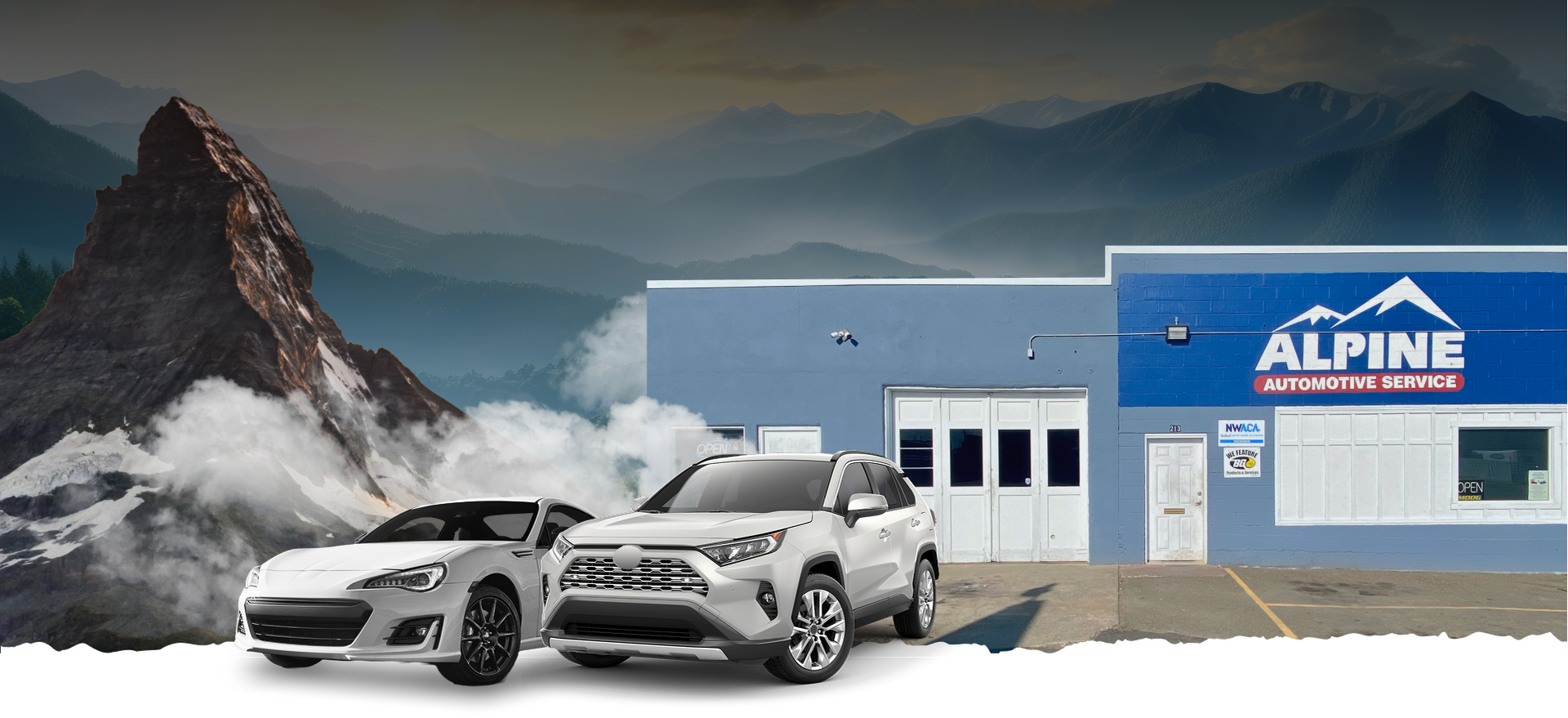 Two cars are parked in front of a building that says alpine | Alpine Automotive Service