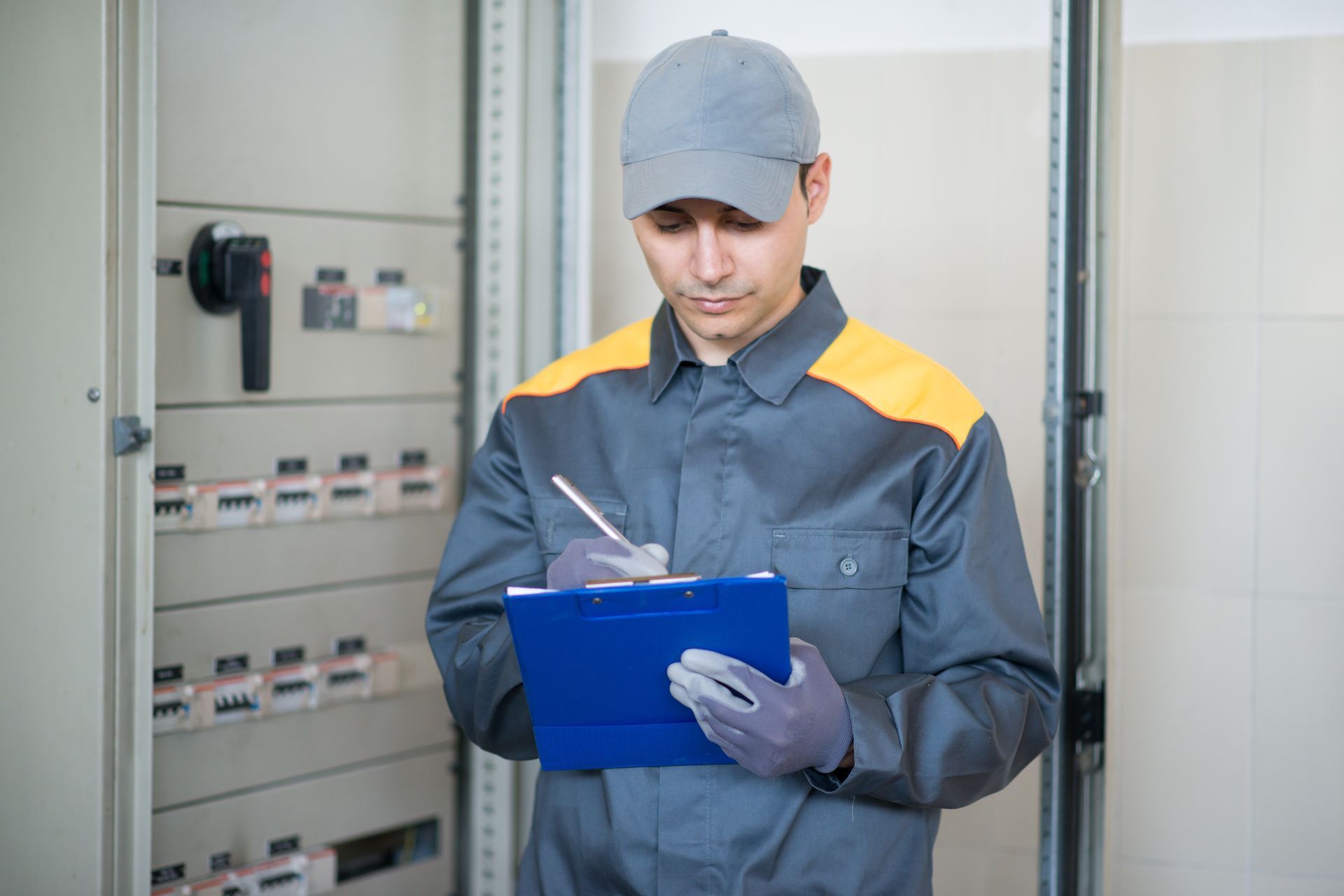 A man in a gray and yellow uniform is holding a clipboard and writing on it.