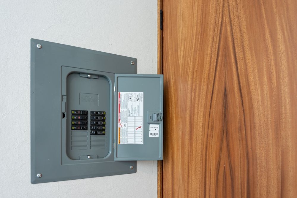 A electrical box is hanging on a wall next to a wooden door.