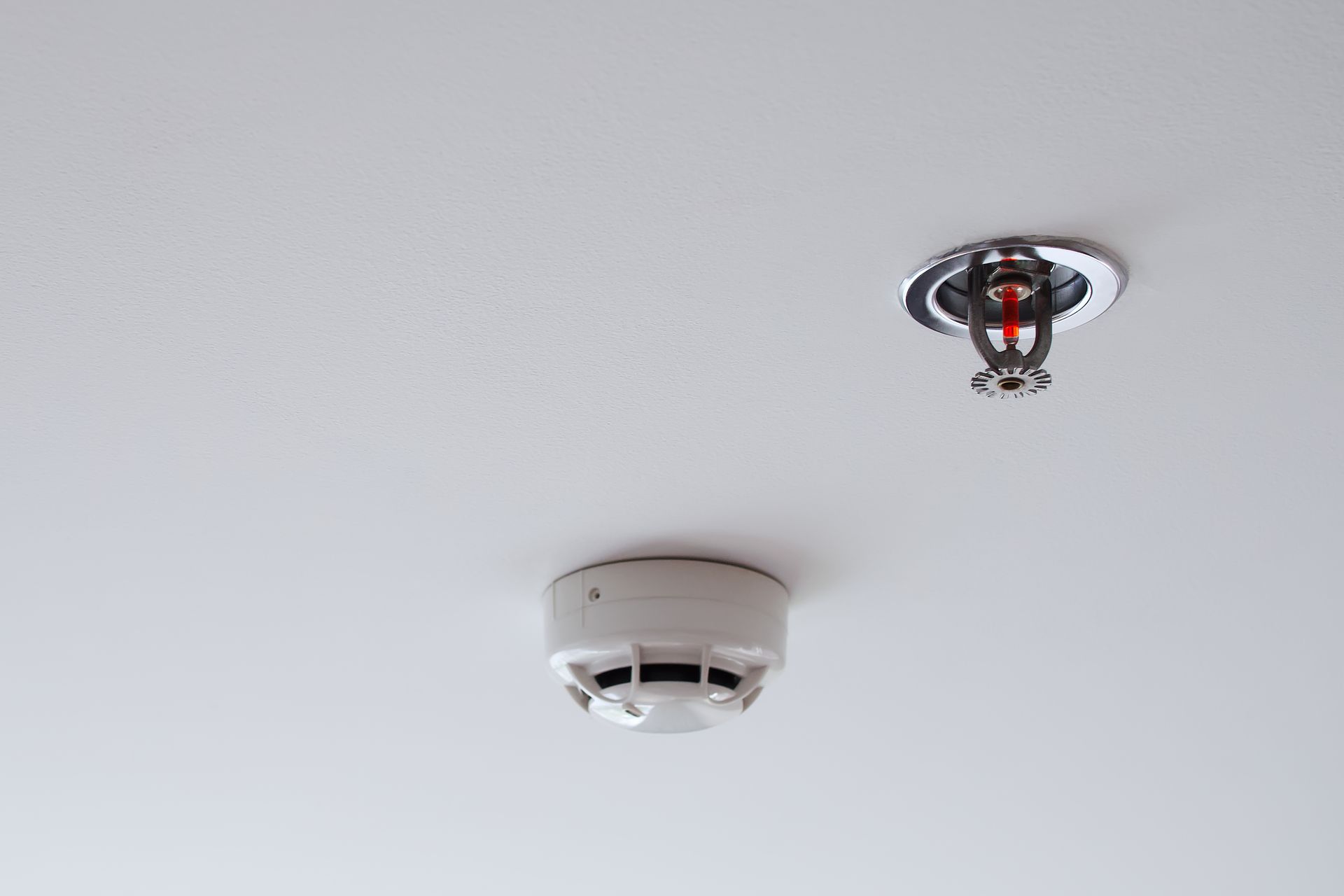 There is a smoke detector and a sprinkler on the ceiling.
