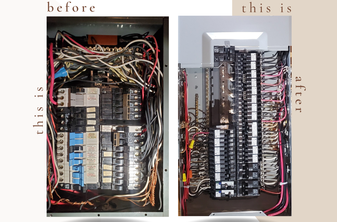 A before and after picture of an upgrade electrical panel by the honest electrician