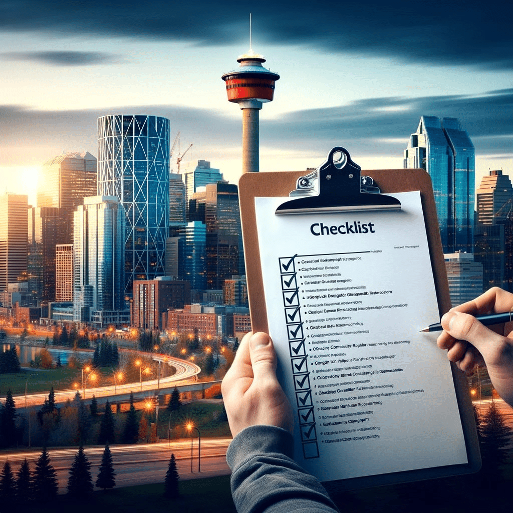A person is holding a clipboard with a checklist on it in front of a city skyline.