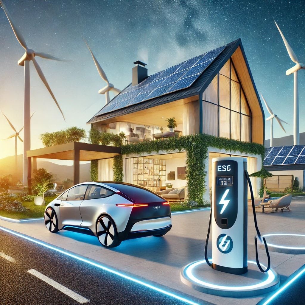 A car is being charged at a charging station in front of a house.