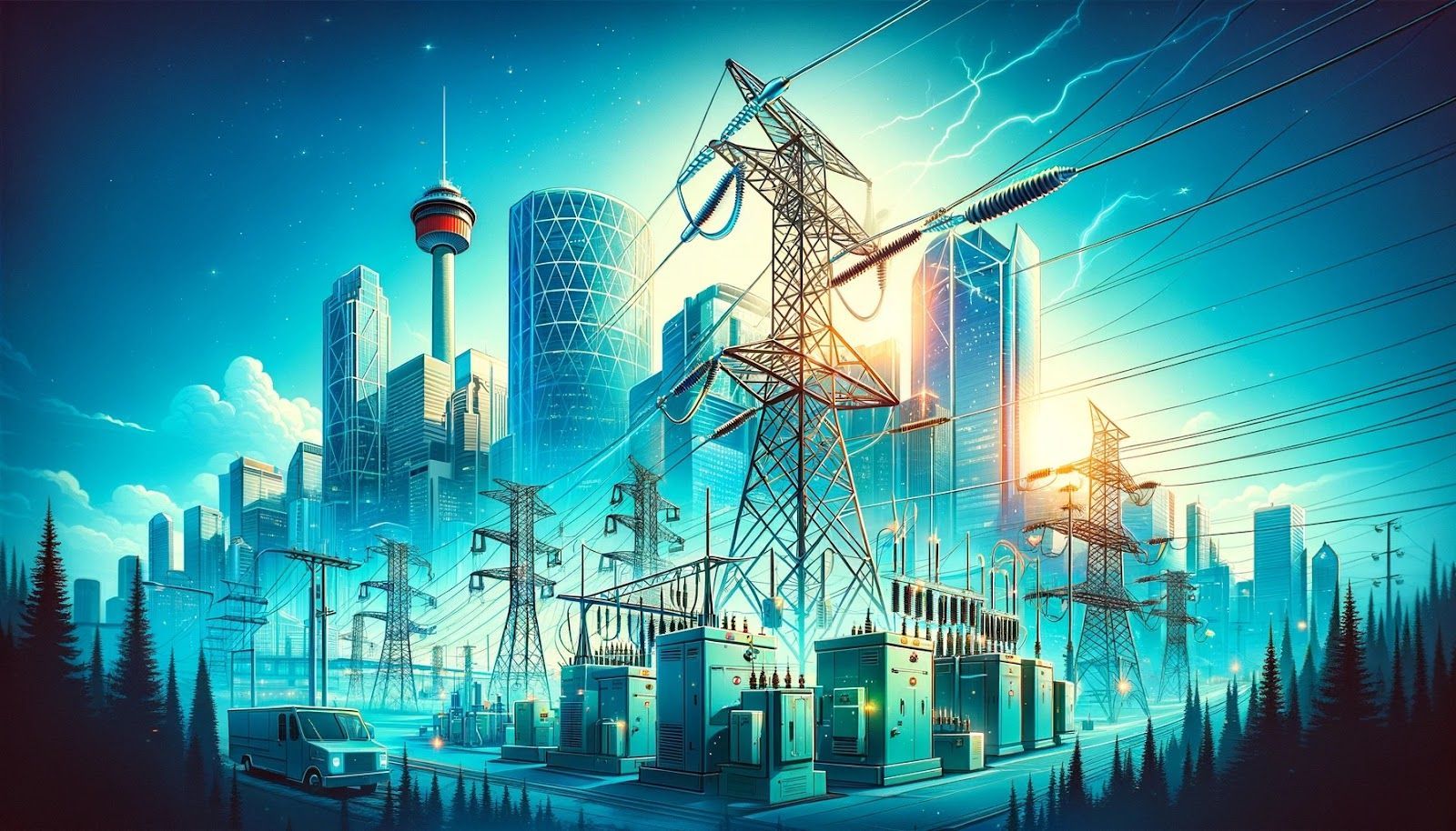 An illustration of a city surrounded by power lines and a lightning storm.