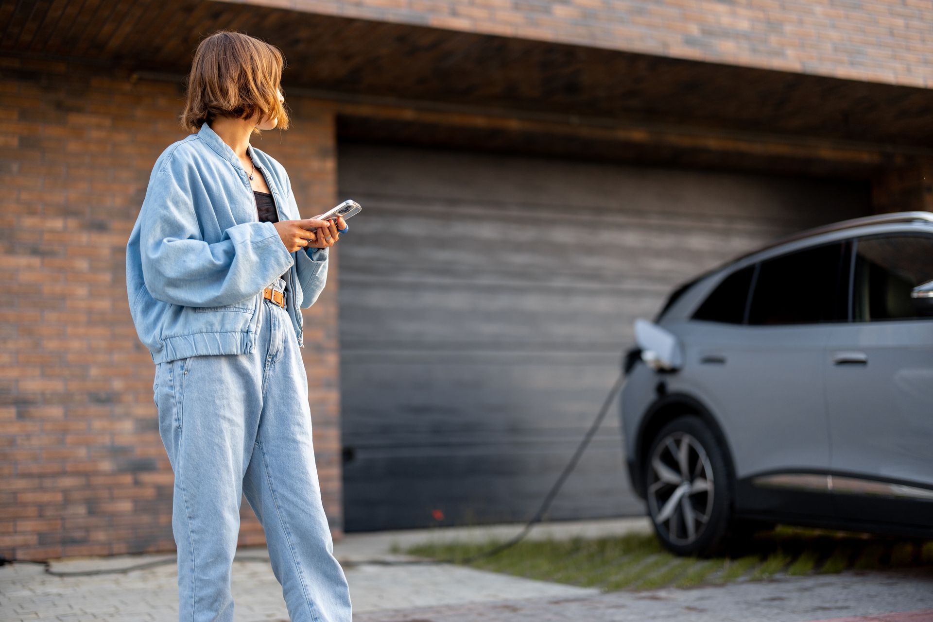 A woman is charging her electric car at a charging station.