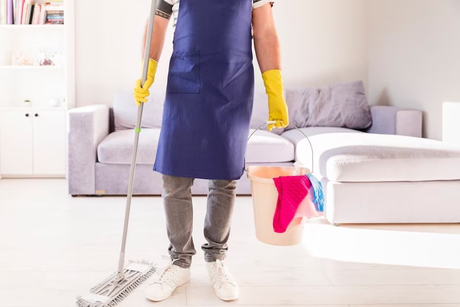 Person Holding Mop and Bucket