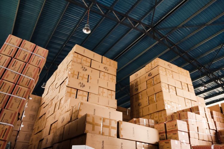 stacked boxes in a warehouse