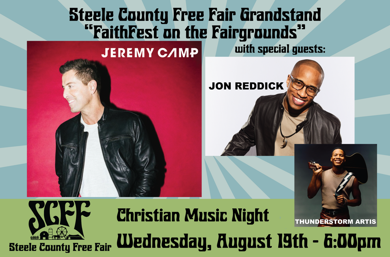 Event flyer for FaithFest on the Fairgrounds at the Steele County Free Fair on Wed, Aug 19th at 6:00pm featuring Jeremy Camp.