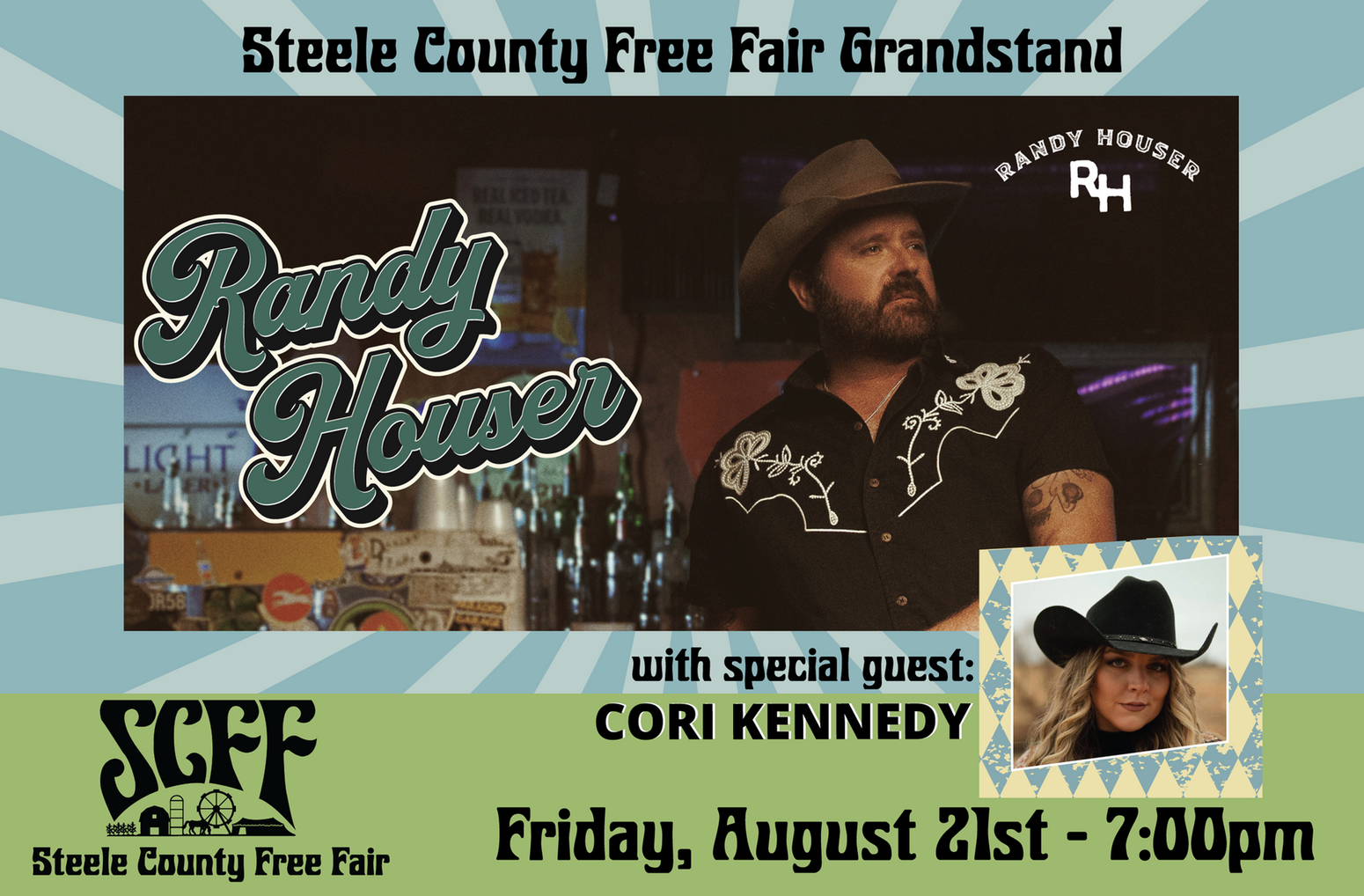 Event poster for Randy Houser and special guest Cori Kennedy at the Steele County Free Fair on Friday, August 21st, 7pm.