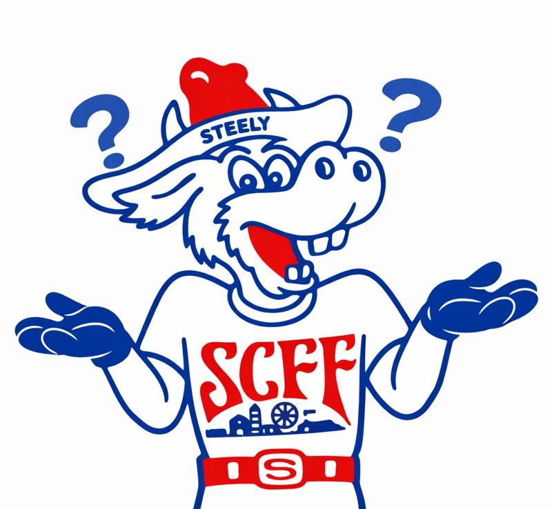 Steely, the SCFF mascot, with raised arms and question marks; wearing a hat, t-shirt, and belt.