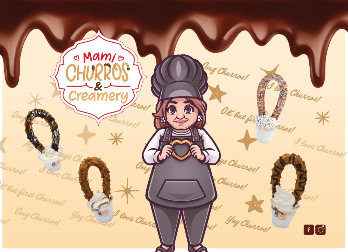 A cartoon chef holds a heart-shaped churro, surrounded by floating ice cream churro cups against a chocolate-drip background.