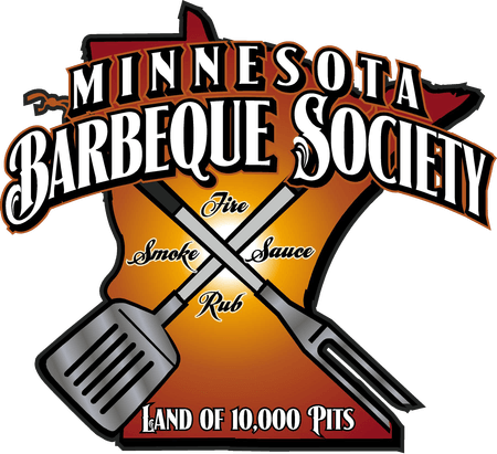 Logo for Minnesota Barbeque Society, featuring a state outline, crossed grill tools, and the text 