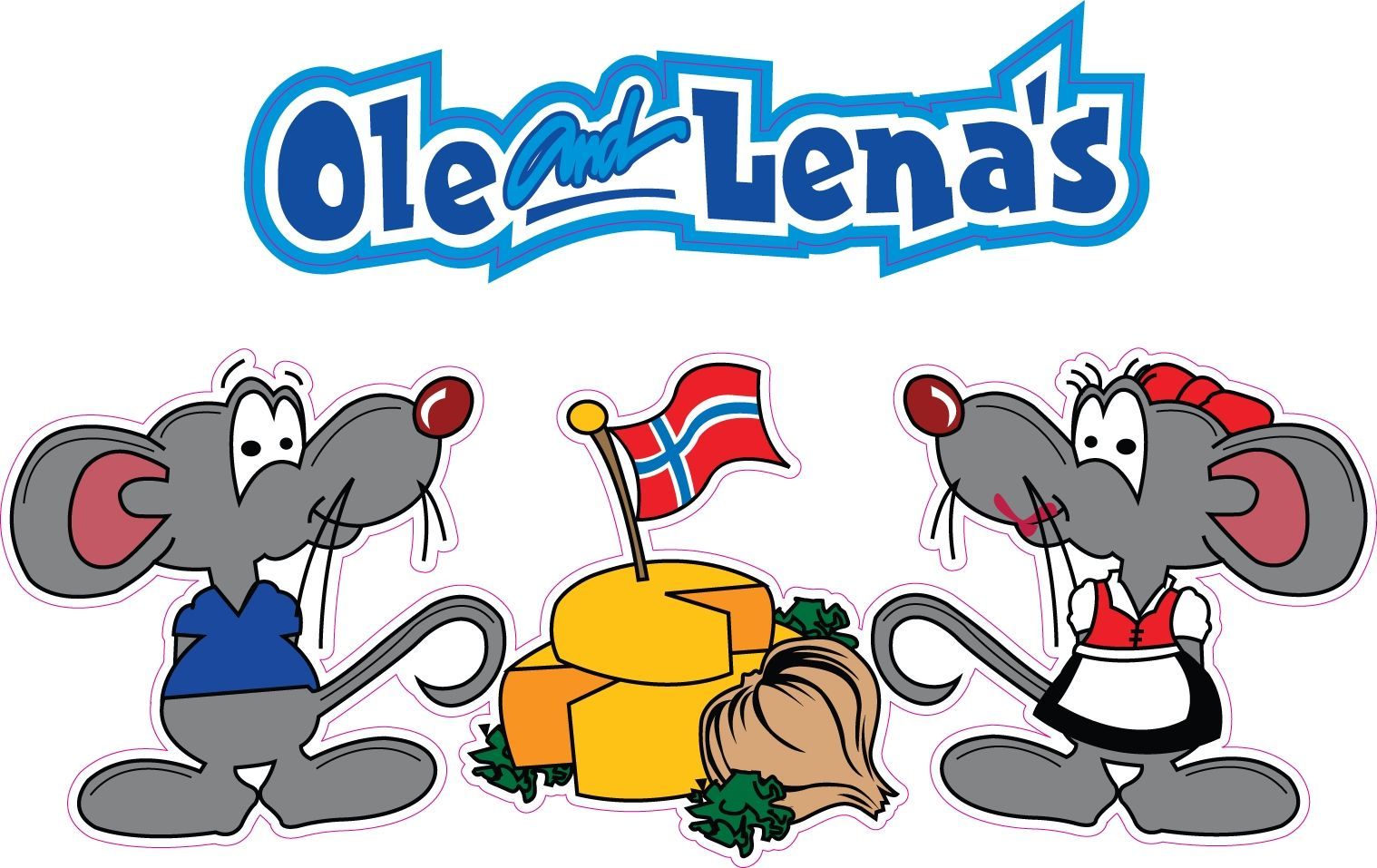 Olea-Lena’s logo with two gray cartoon mice, cheese, and a Norwegian flag