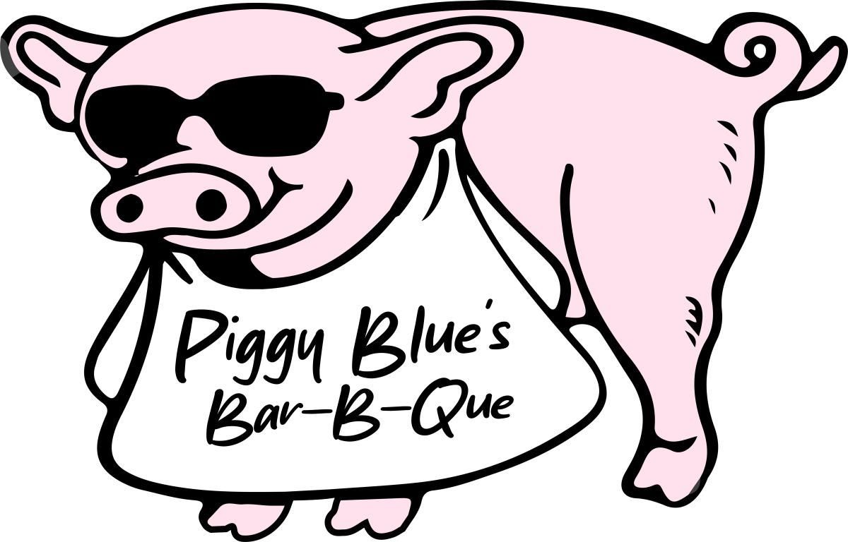 Pink pig logo wearing sunglasses and apron labeled “Piggy Blue’s Bar-B-Que”