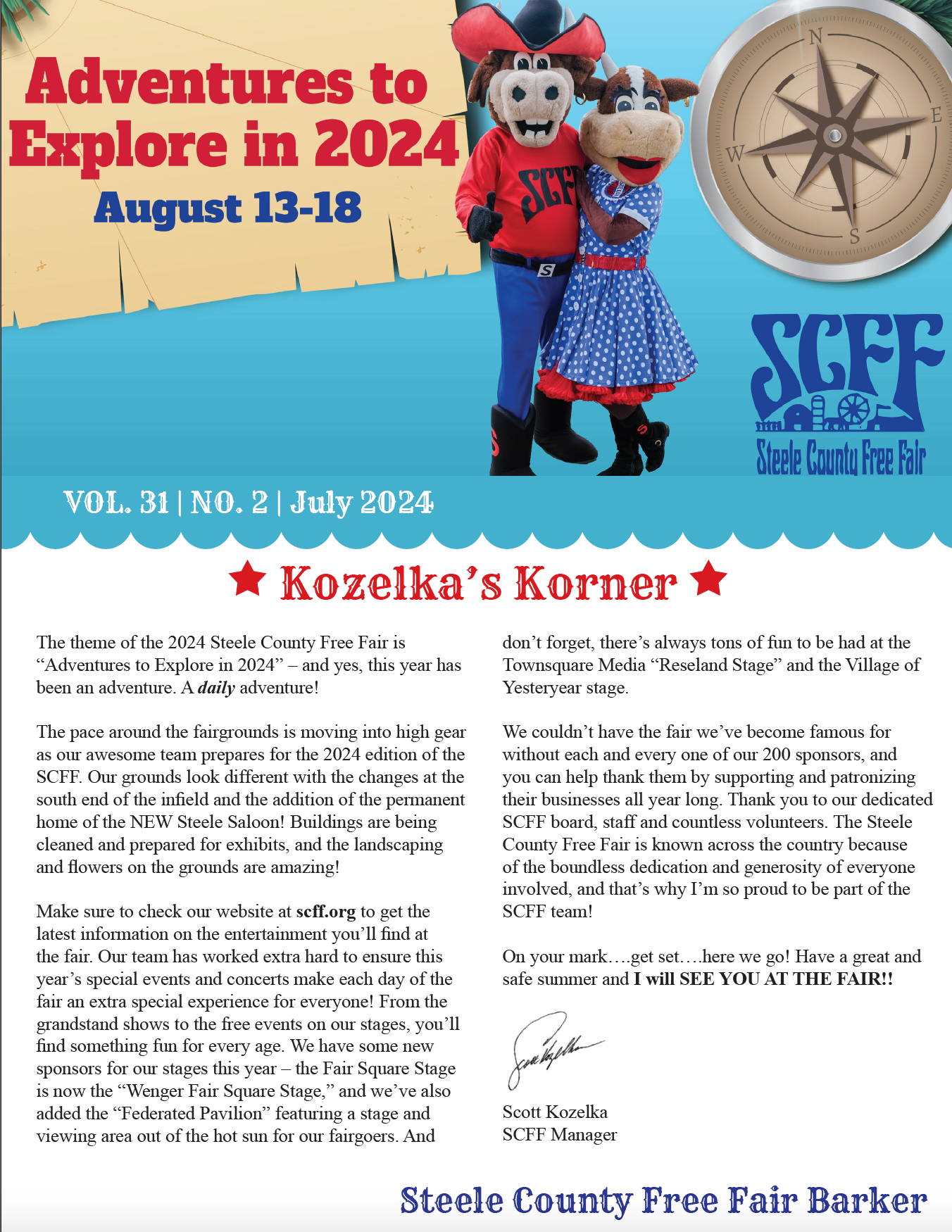 Poster for the Steele County Free Fair, featuring mascot characters and text: 