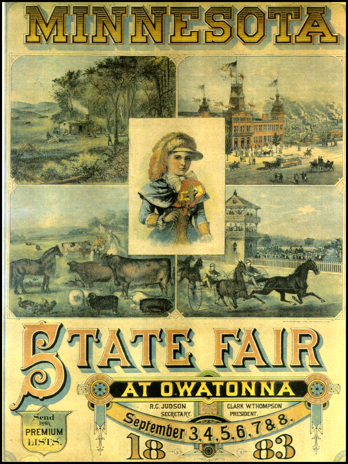 Vintage poster for Minnesota State Fair in Owatonna, 1883, features landscapes, livestock, buildings, and a child.