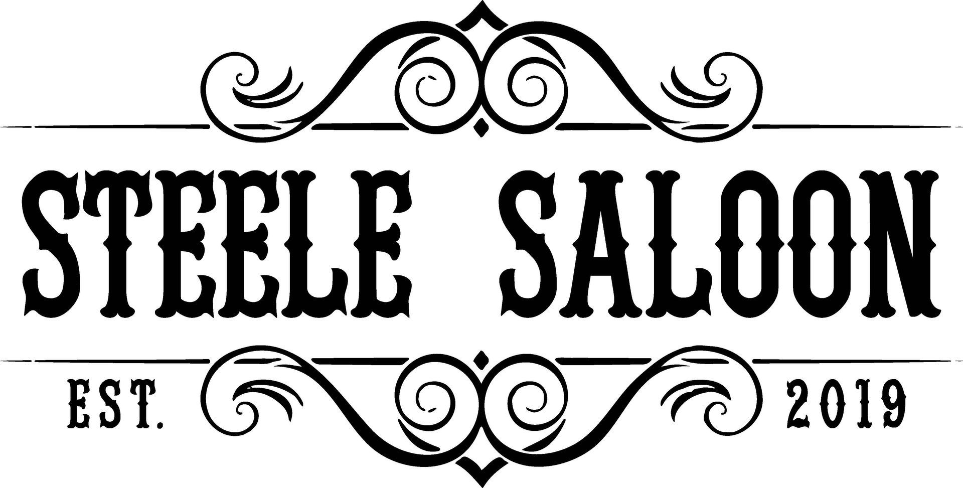 Steele Saloon logo, black text on white, with decorative swirls and 