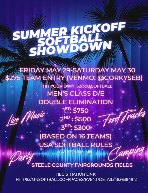 Event flyer for a Summer Kickoff Softball Showdown at Steele County Fairgrounds on May 29-30. Includes entry/prize info.