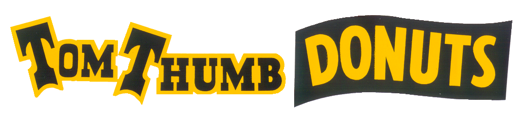 Tom Thumb Donuts logo. Yellow text on a black background.