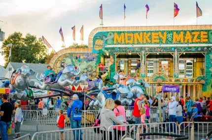 Fair with colorful Monkey Maze ride and crowd.