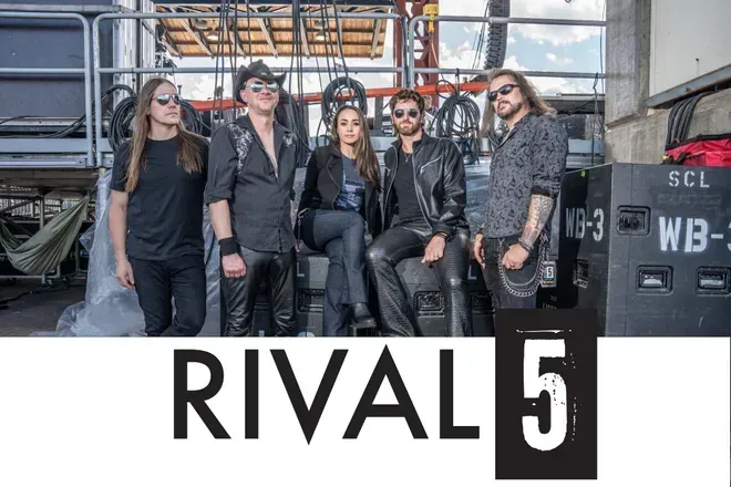 Rival 5 rock band posing backstage. Five people, dark clothing. Band logo at bottom.
