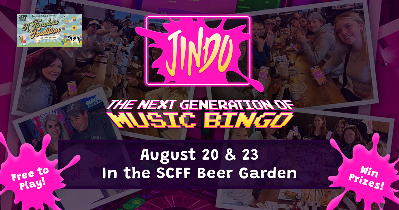 Event poster for Jindu music bingo in the SCFF Beer Garden on August 20 and 23. Free to play with prizes available.