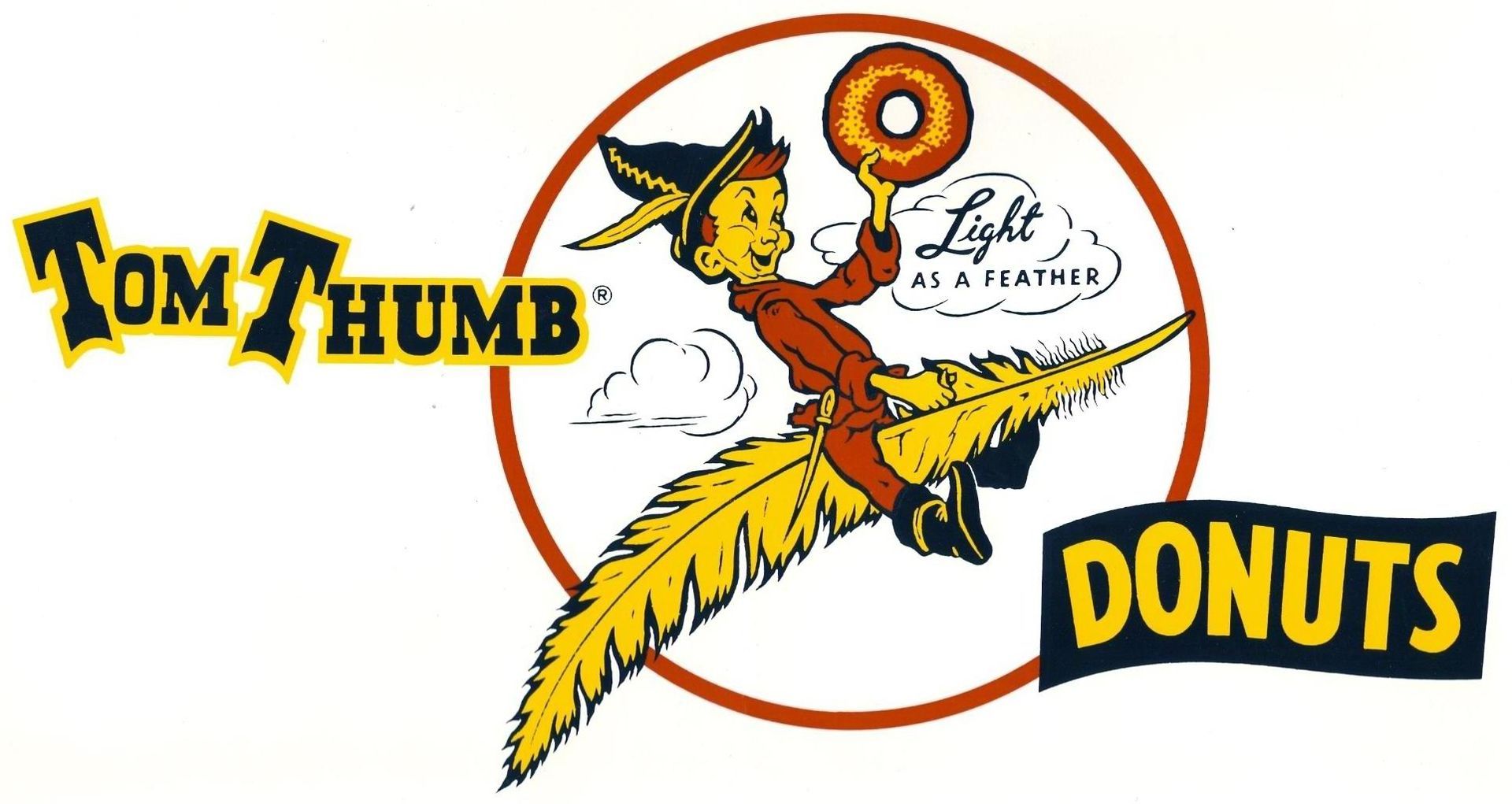 Tom Thumb Donuts logo with a cartoon bee holding a donut in a circle, yellow and black text