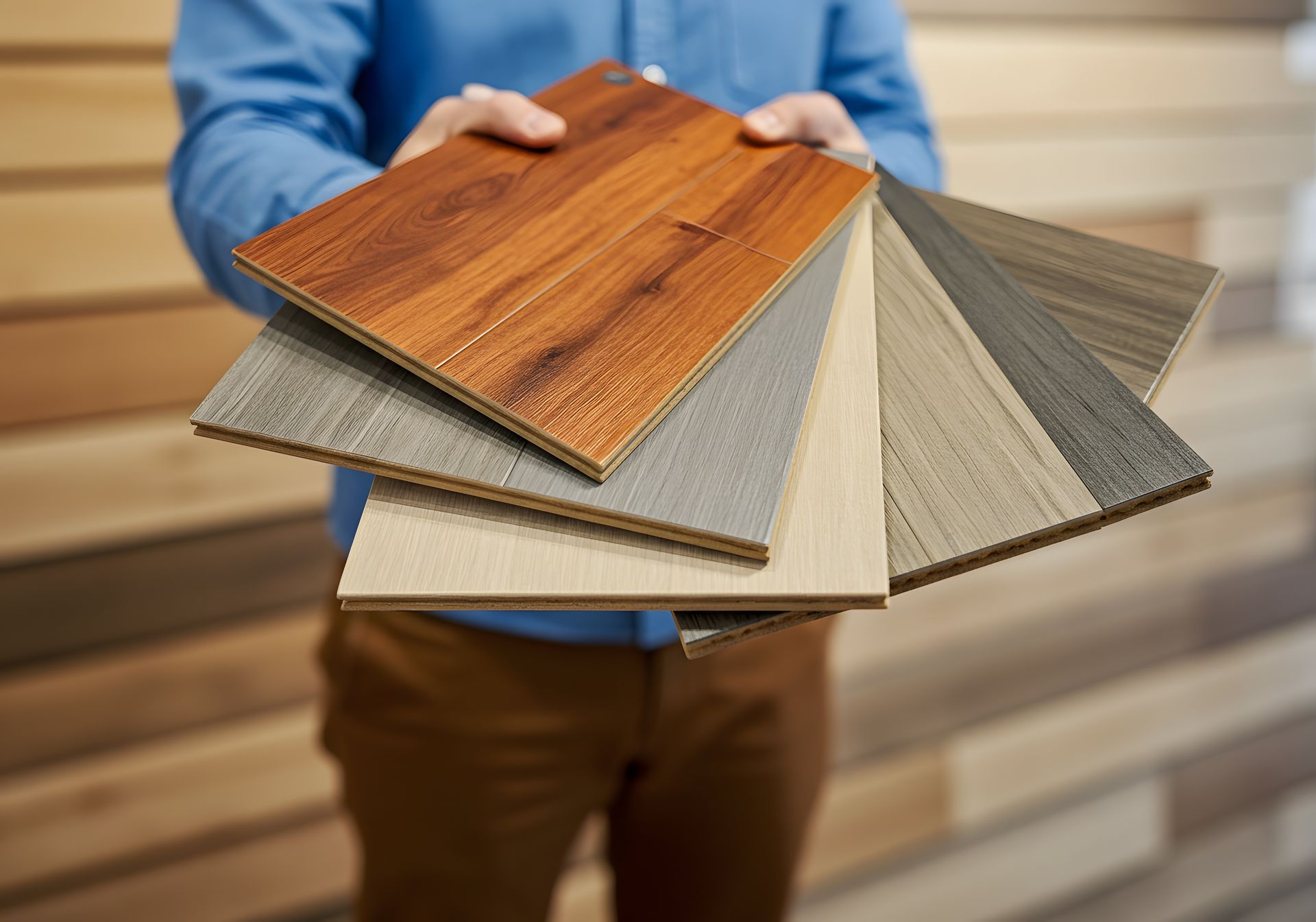 Man holding a fan of wood flooring samples, showing various colors. Man holding a fan of wood flooring samples, showing various colors.