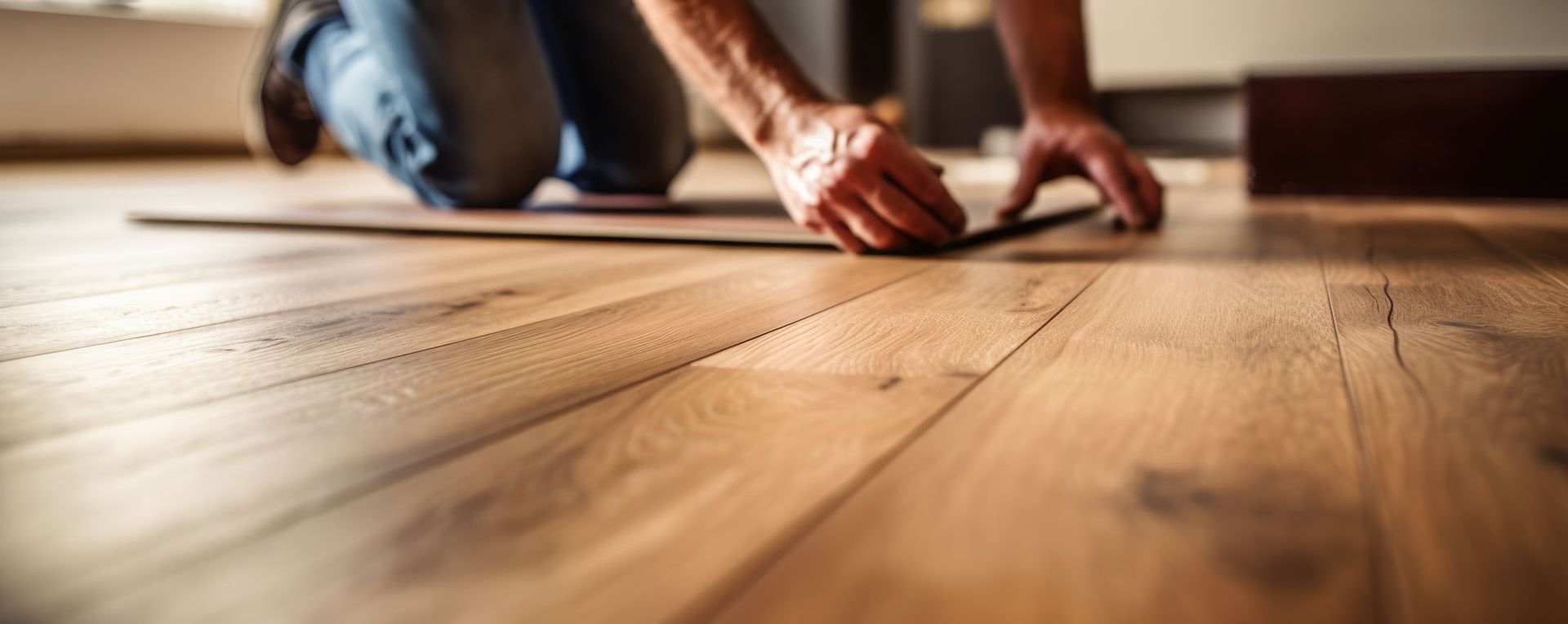 Hands installing wooden floor planks in a sunlit room Hands installing wooden floor planks in a sunlit room