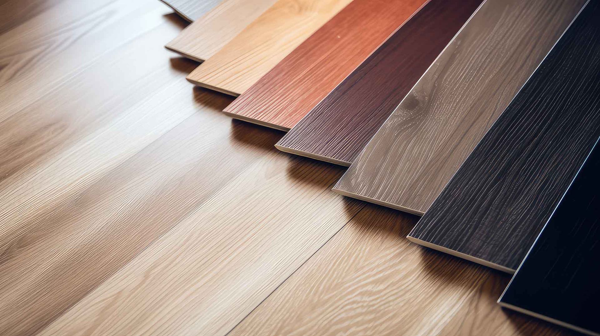 Close-up of vinyl plank flooring boards in different finishes arranged diagonally on wood surface. Close-up of vinyl plank flooring boards in different finishes arranged diagonally on wood surface.