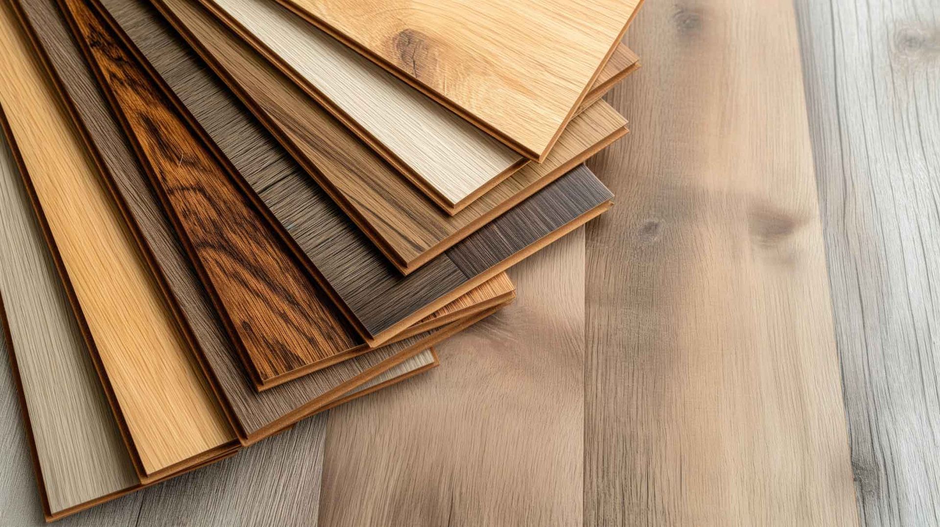 Stack of assorted wood flooring planks on a light wood surface Stack of assorted wood flooring planks on a light wood surface
