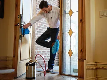 A man is spraying a door with a spray bottle.