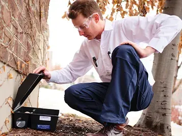 A man is kneeling down next to a box with a mouse in it.