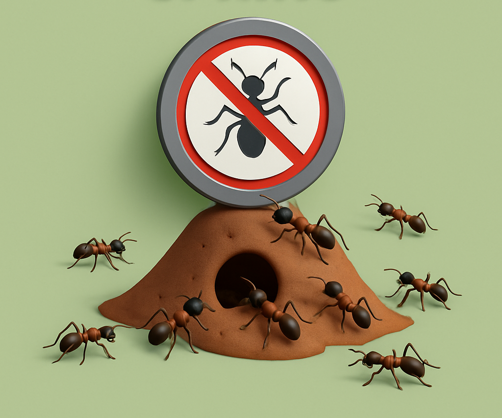 A cartoon ant hill with several ants, and a 